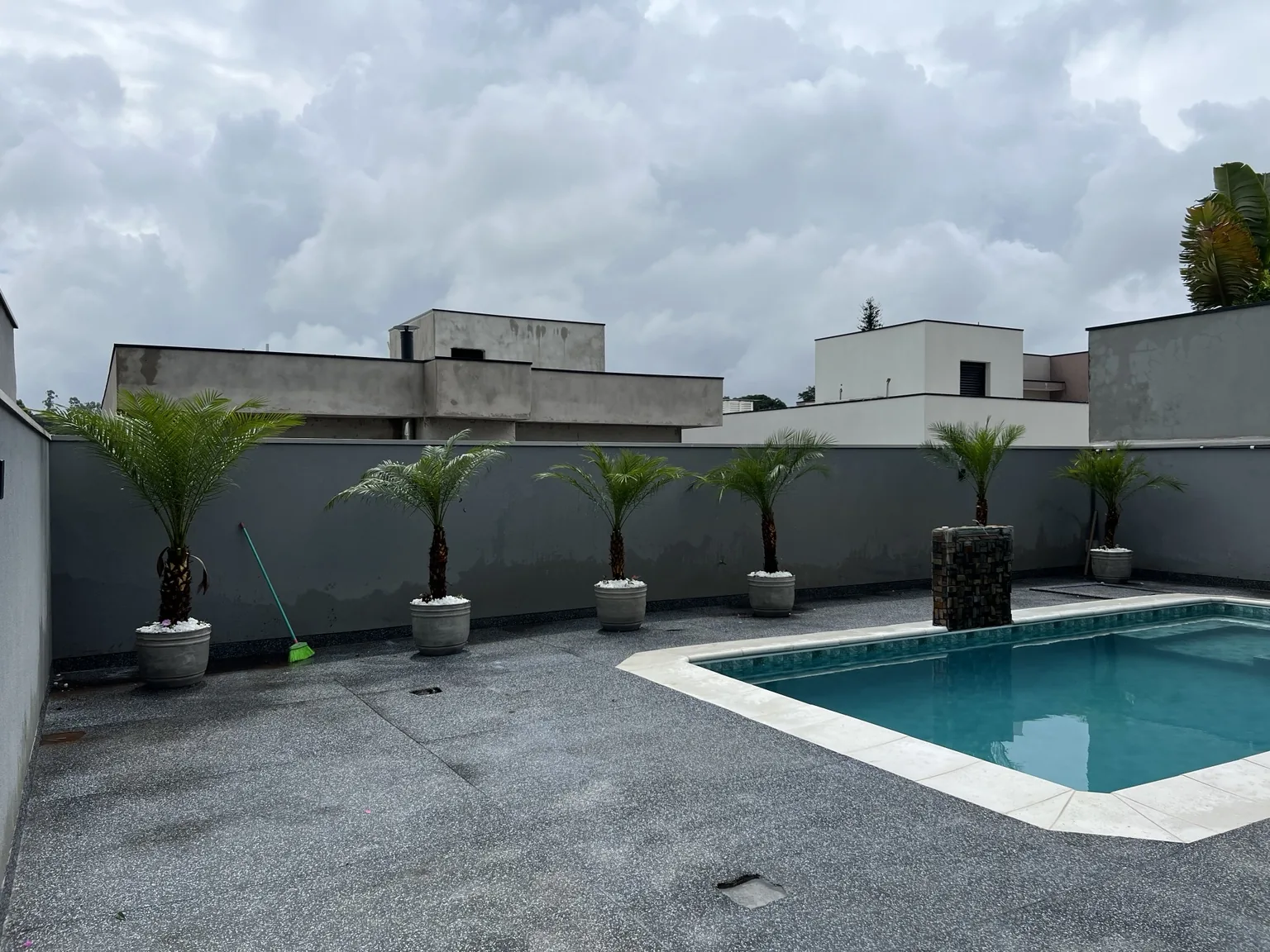 Palmeiras Fênix em vasos ao redor de piscina